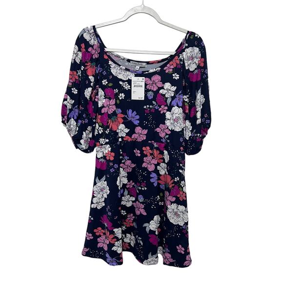 Velvet Torch Womens Small Navy Floral Blouson Sleeve Mini Dress Swiftie Whimsy - Picture 1 of 10